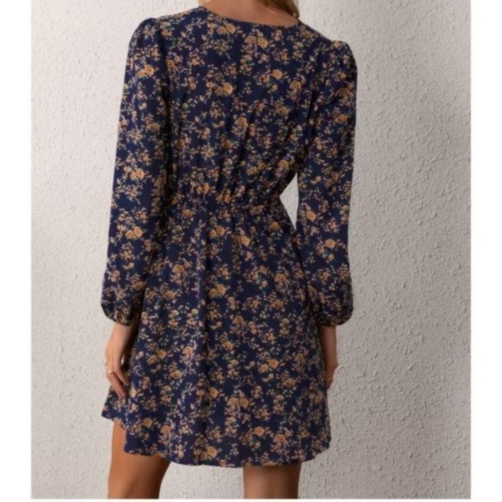 61) NWT Blue Golden Ditsy Floral Print Peasant Long Sleeve Mini Dress Boho - Picture 3 of 3